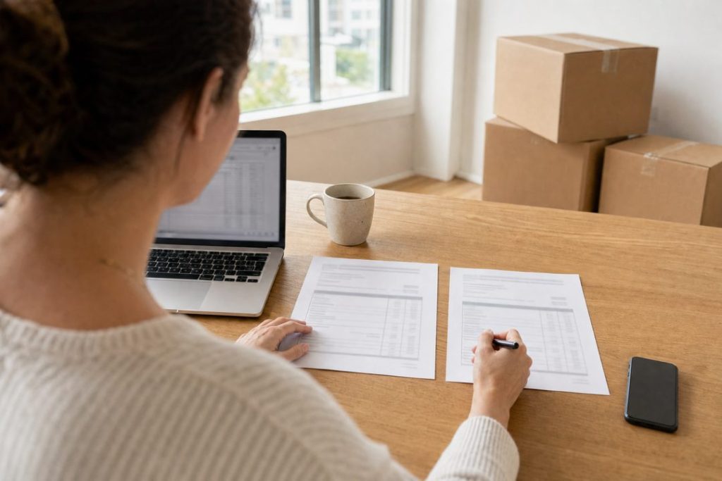 Woman comparing two printed removal quotes while working out how to choose a removalist