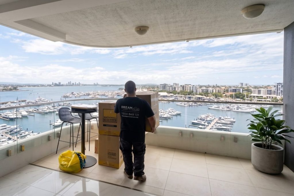Removalist carrying moving boxes across an apartment balcony overlooking a marina